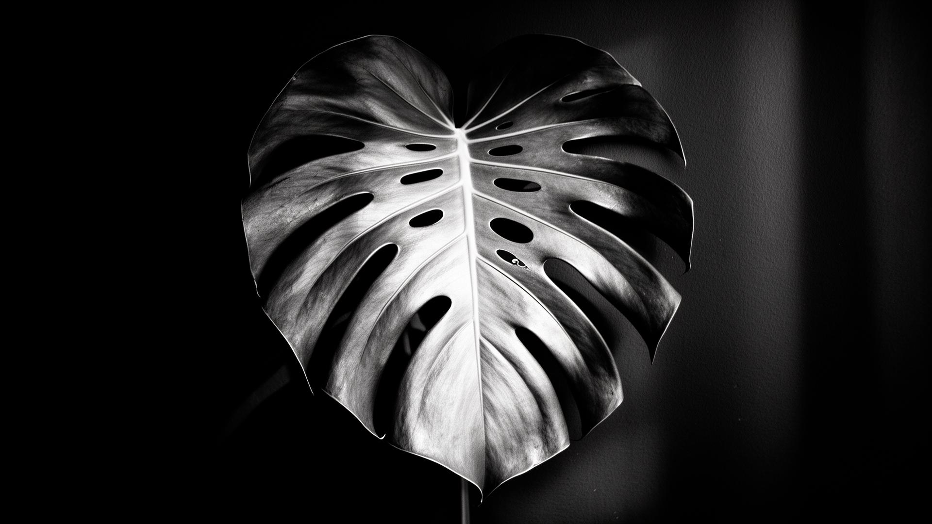 A single monstera leaf in stark black and white, lit from the side against a dark wall.
